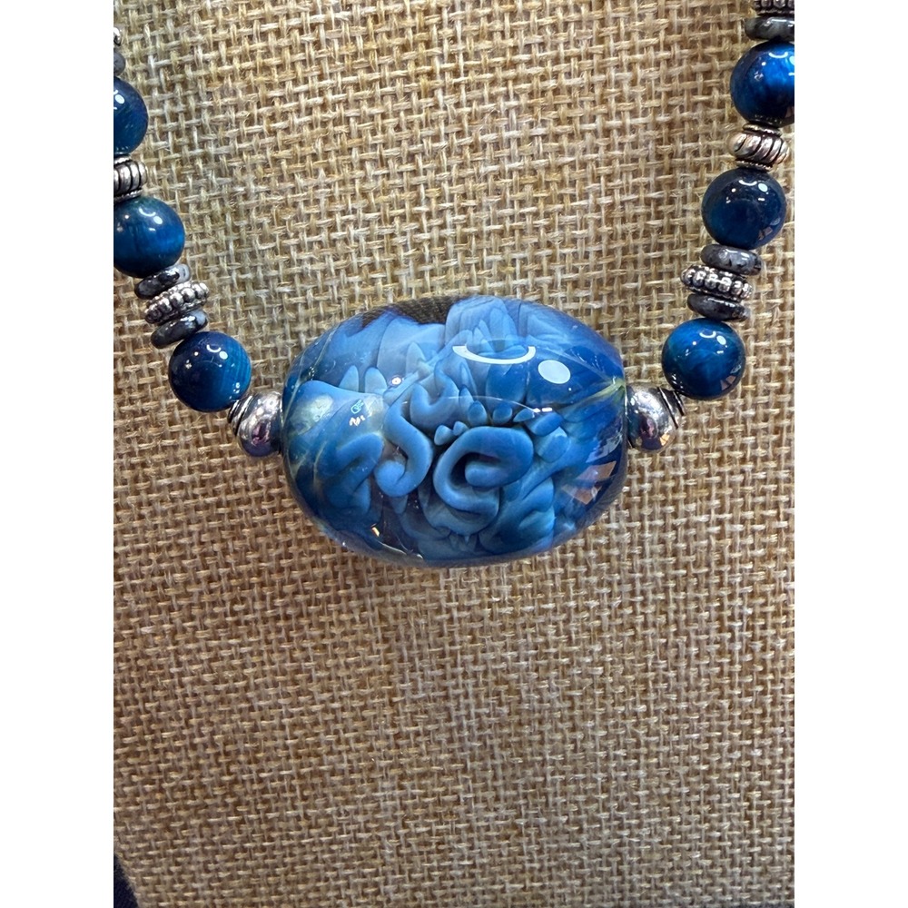 Blue Tiger Eye Beaded Necklace with Artisan Lampwork Glass Floral Focal Bead - Picture 3 of 5